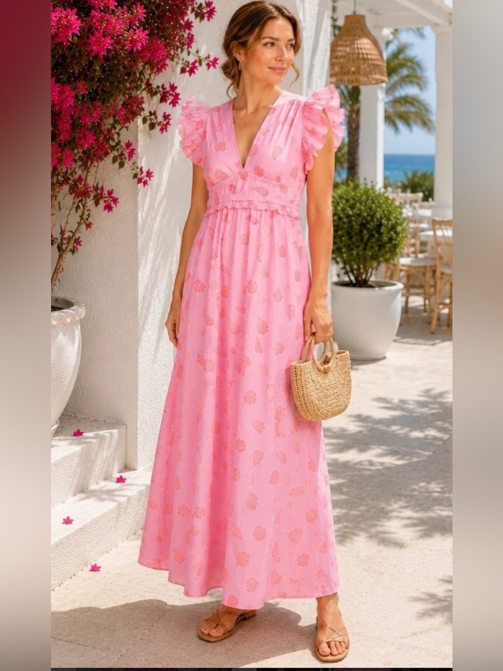 SAIL TO SABLE PINK SEASHELL PRINTED FLUTTER SLEAVE MAXI DRESS SIZE M NWT